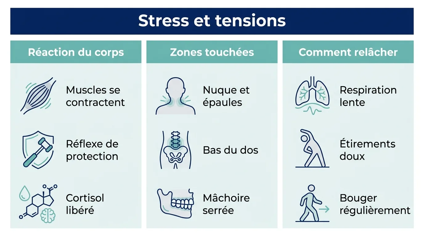 Infographie montrant comment le stress provoque des tensions musculaires et comment les relâcher