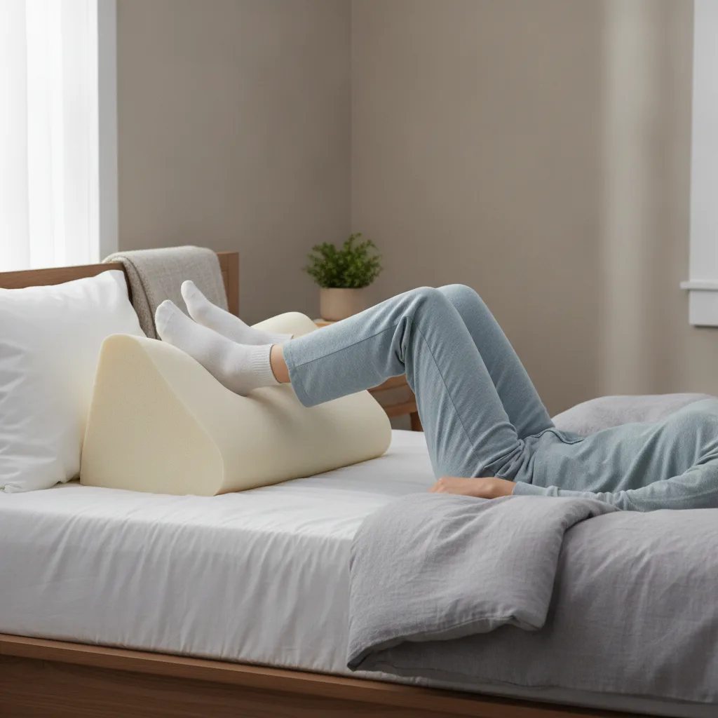 Personne allongée qui surélève ses jambes sur un coussin orthopédique pour soulager les jambes lourdes