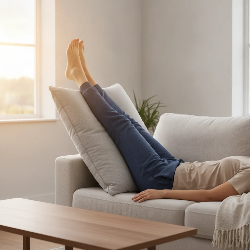 Jambes surélevées sur un coussin le soir pour soulager les jambes lourdes après le travail