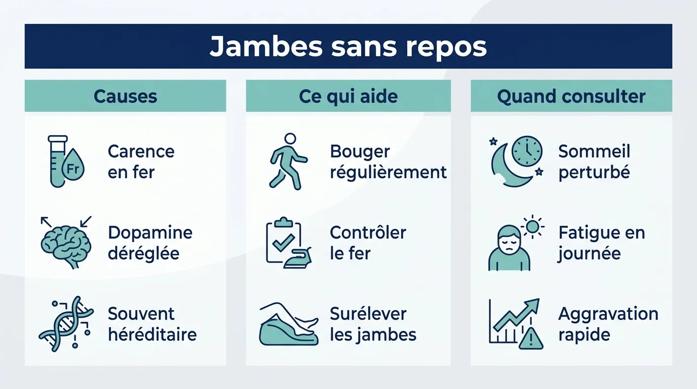 Infographie sur le syndrome des jambes sans repos présentant les causes, les gestes qui aident et les signes qui doivent amener à consulter.