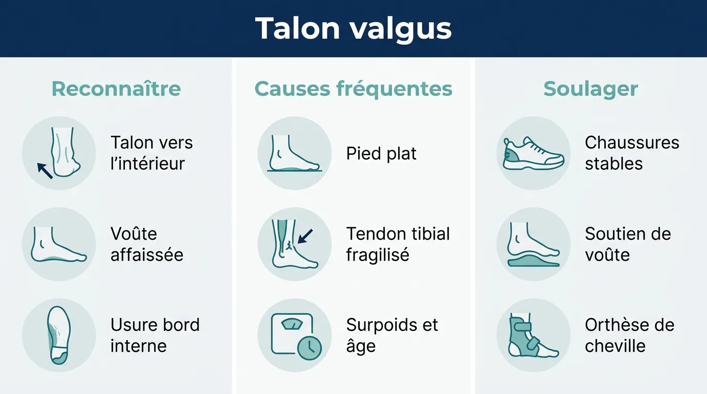 Infographie expliquant comment reconnaître un talon valgus, ses causes et les gestes pour le soulager.