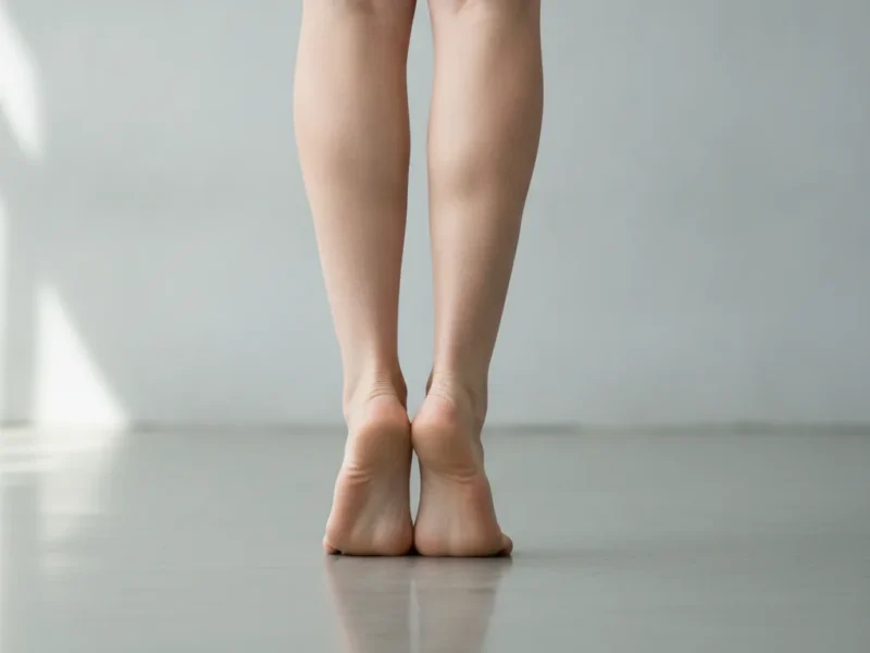 Vue arrière des talons debout montrant l'arrière-pied qui bascule vers l'intérieur.