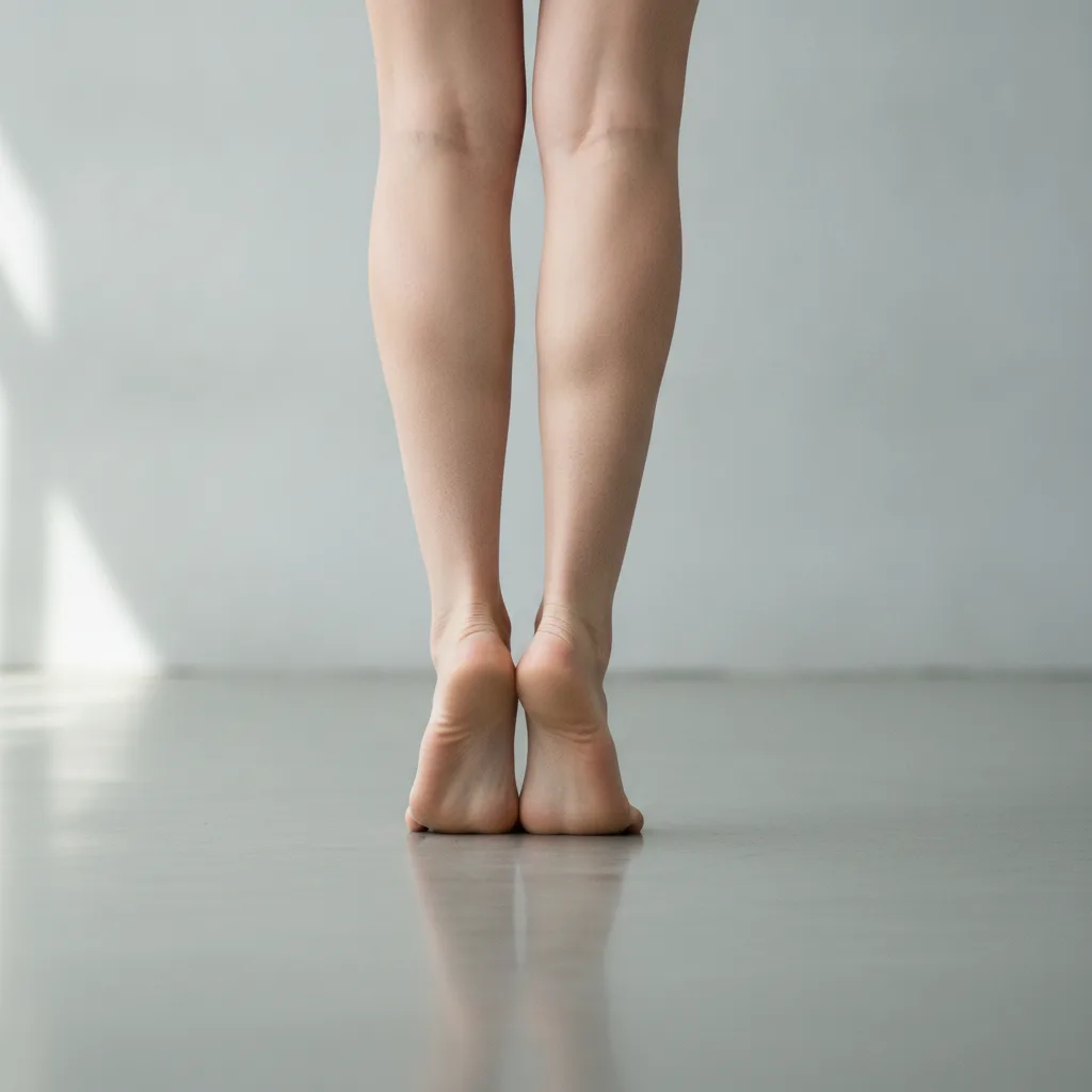 Vue arrière des talons debout montrant l'arrière-pied qui bascule vers l'intérieur.