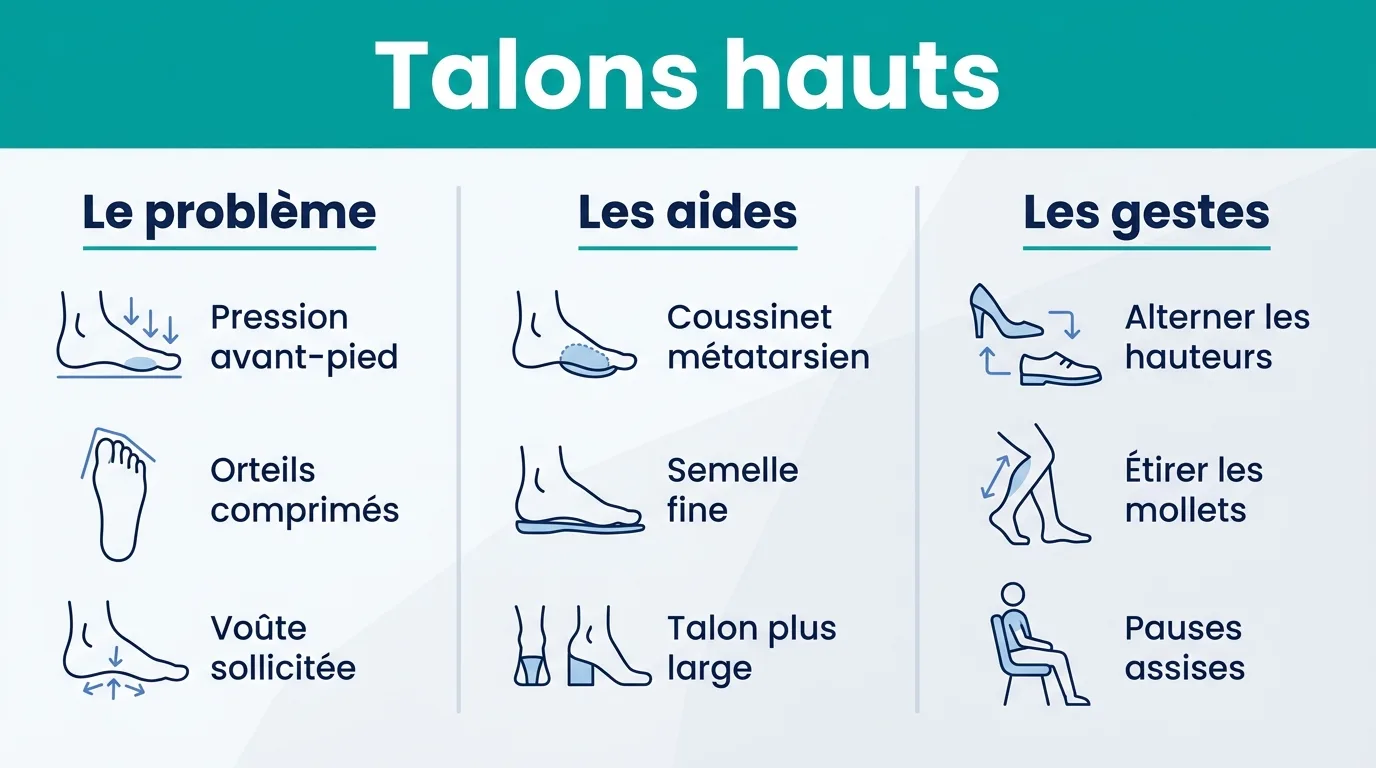 Infographie en trois volets présentant le problème des talons hauts, les aides possibles et les gestes de confort