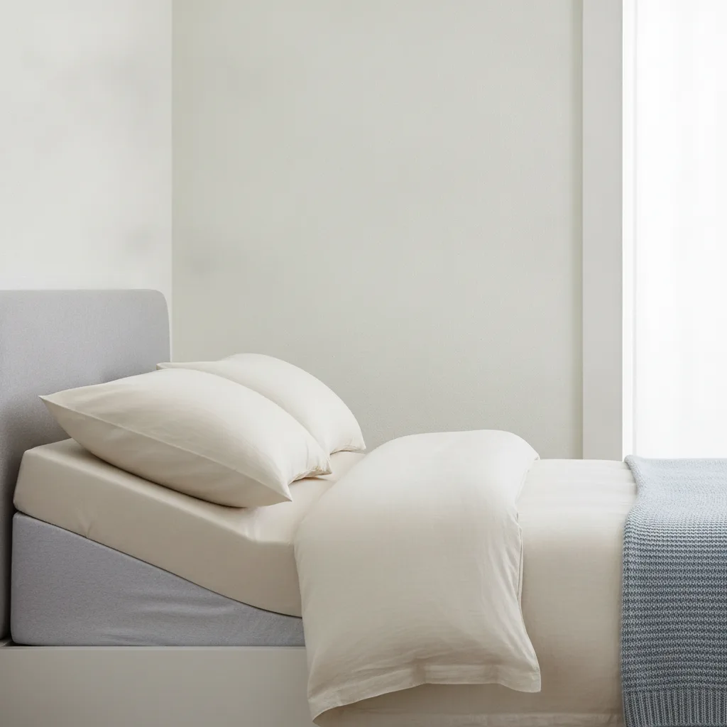 Tête de lit légèrement surélevée par un plan incliné sous le matelas pour réduire les remontées acides la nuit.