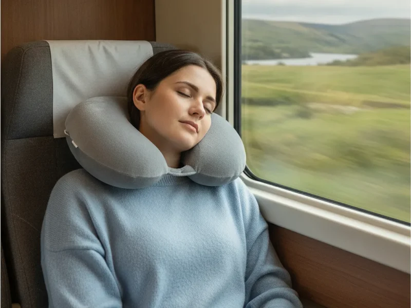 Voyageuse endormie dans un train avec un coussin de voyage soutenant sa nuque