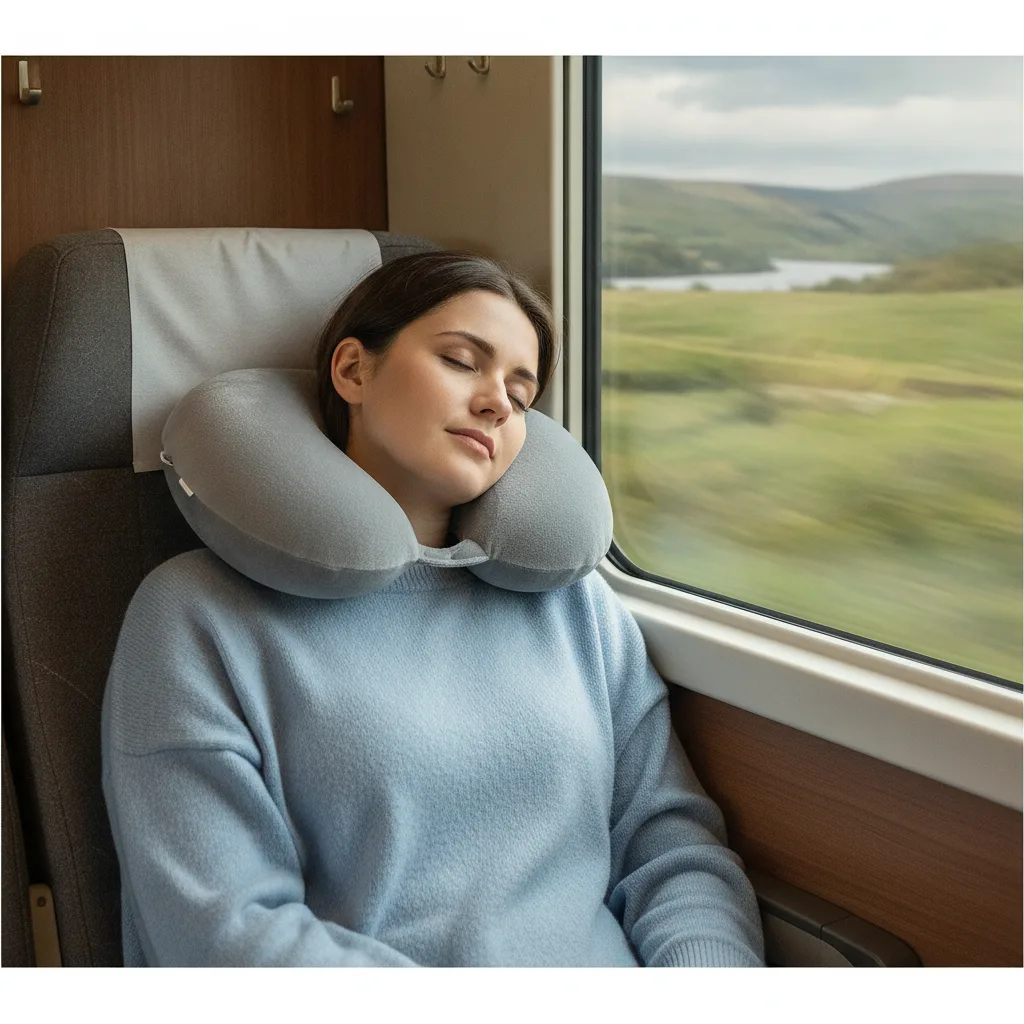 Voyageuse endormie dans un train avec un coussin de voyage soutenant sa nuque