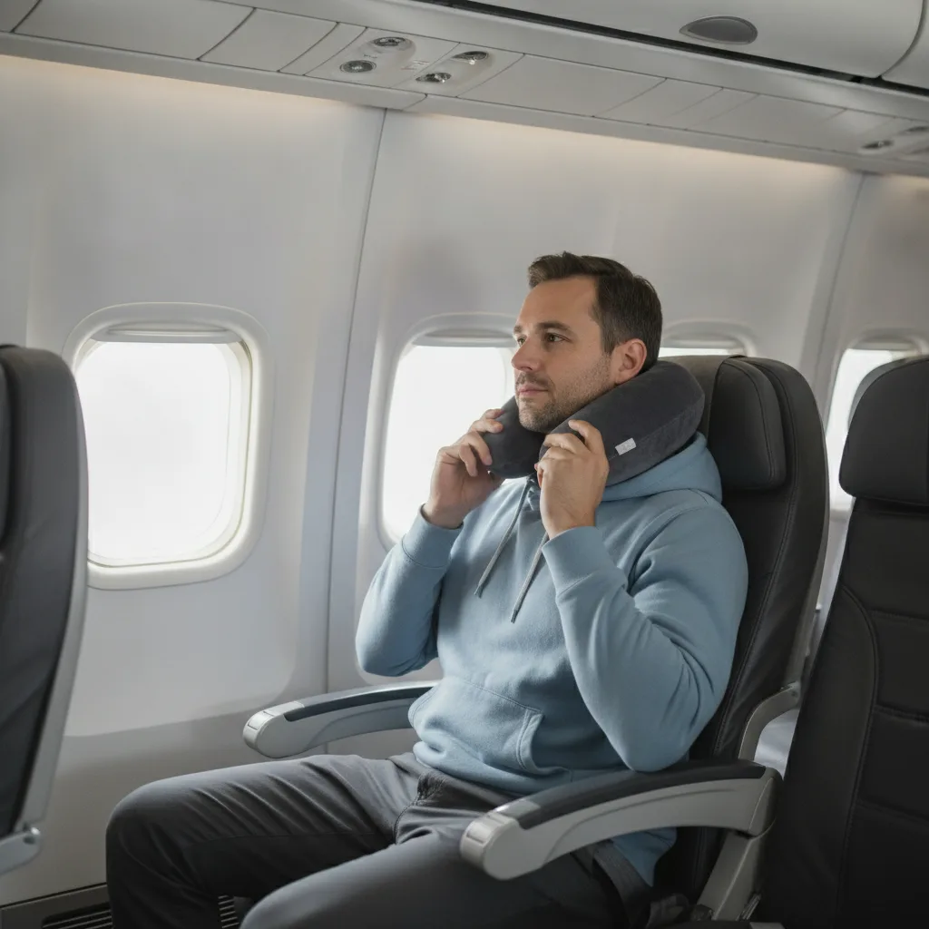 Homme assis en avion ajustant son coussin de voyage pour garder la tête droite