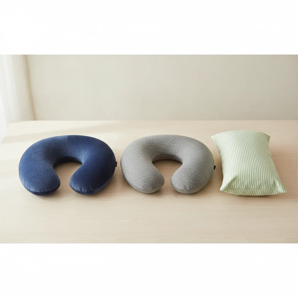 Différentes formes de coussins de voyage posées côte à côte sur une table