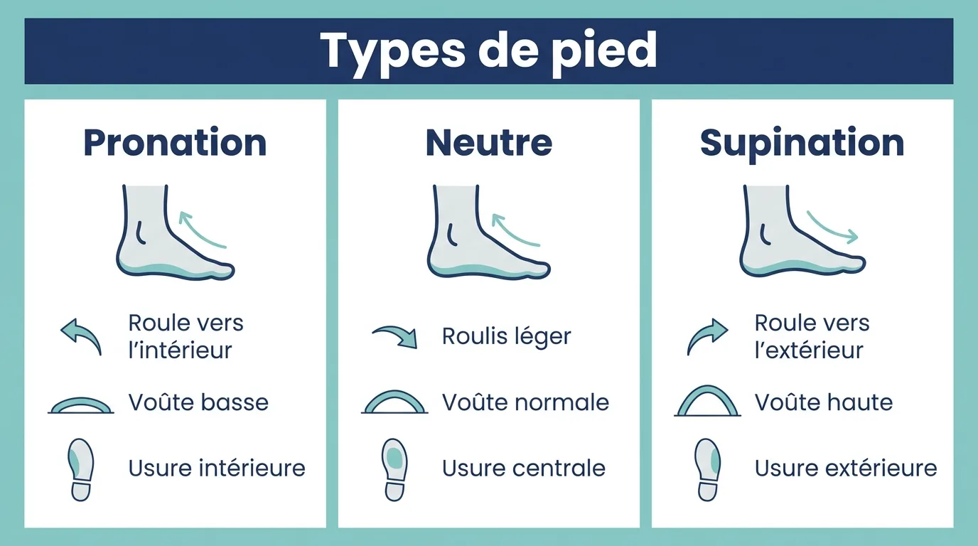 Infographie comparant les trois types d'appui du pied : pronation, neutre et supination.
