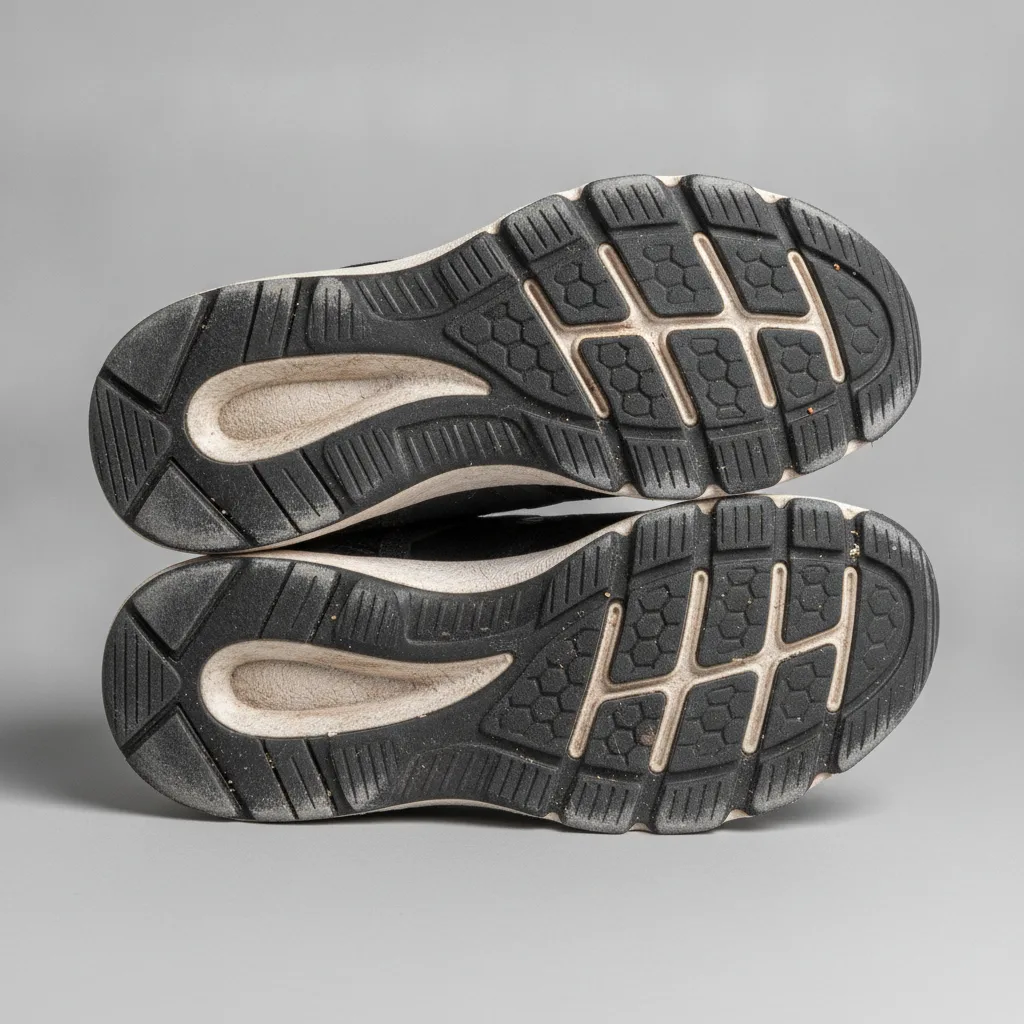 Vue de dessous de semelles de chaussures usées montrant les zones d'appui sur les bords.