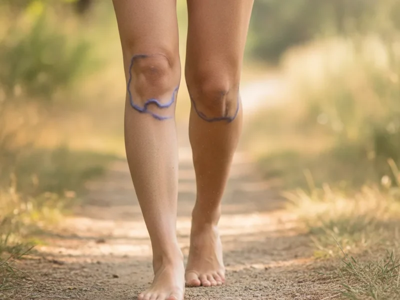 Gros plan sur des jambes présentant des varices lors d'une marche en extérieur