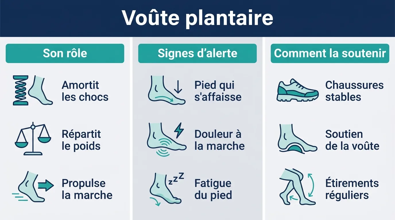 Infographie présentant le rôle de la voûte plantaire, les signes d'alerte et les moyens de la soutenir