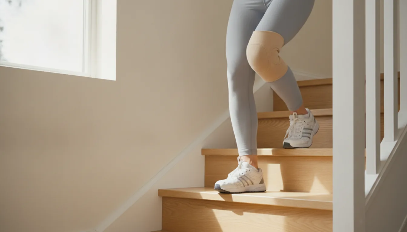 Genou soutenu par une genouillère lors de la montée d'un escalier