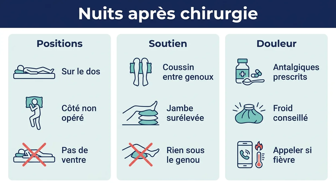 Infographie sur les positions, le soutien et la douleur pour dormir après une opération du genou