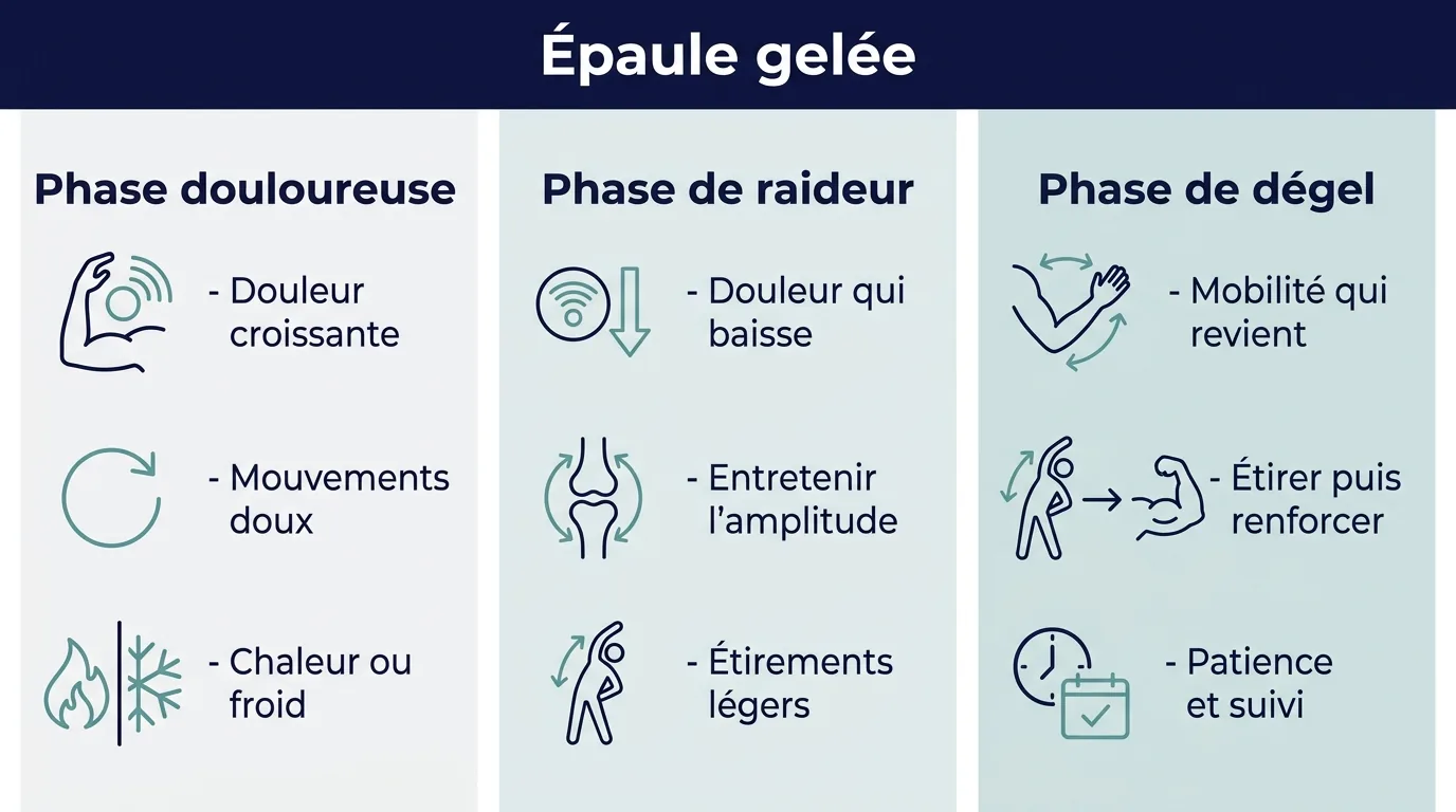 Infographie des trois phases de l'épaule gelée avec objectifs et gestes utiles