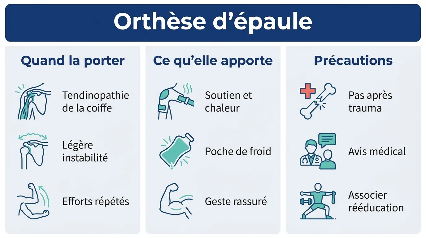 Infographie sur les indications, les bénéfices et les précautions de l'orthèse d'épaule